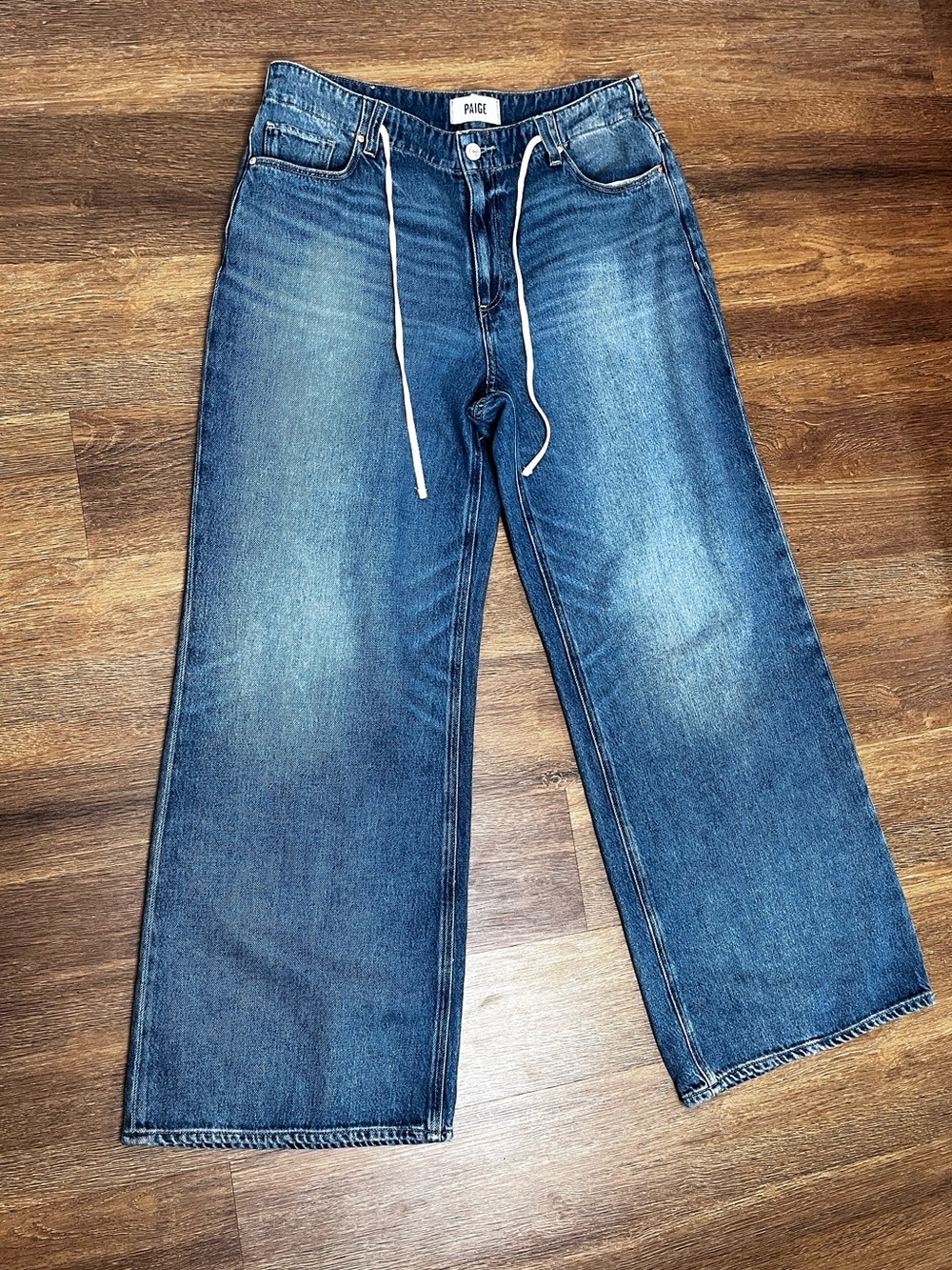 PAIGE Blue Wide-Leg Flare Jeans with Drawstring - Picture 2 of 6